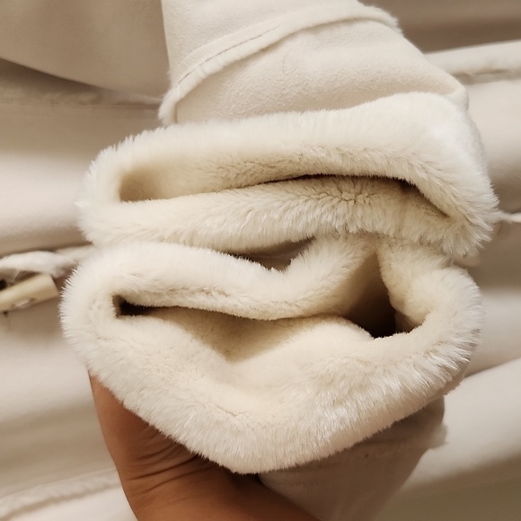 Coldwater Creek White Faux Leather Faux Fur Toggle Midi Coat Hooded Petite Large - Picture 6 of 8